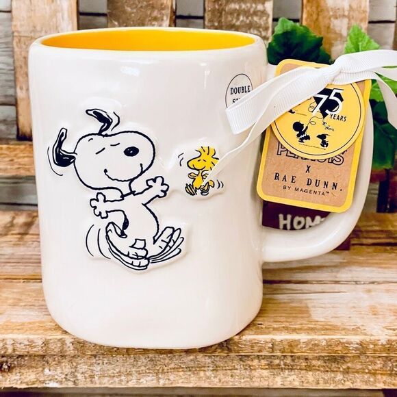 NWT Rae Dunn Peanuts Best Friends Snoopy Woodstock White/Yellow Double Side Mug - Picture 1 of 12
